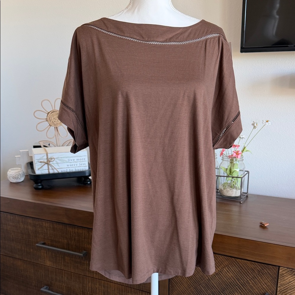 Lane Bryant Brown Boatneck Short Sleeve Tunic with Eyelet Trim